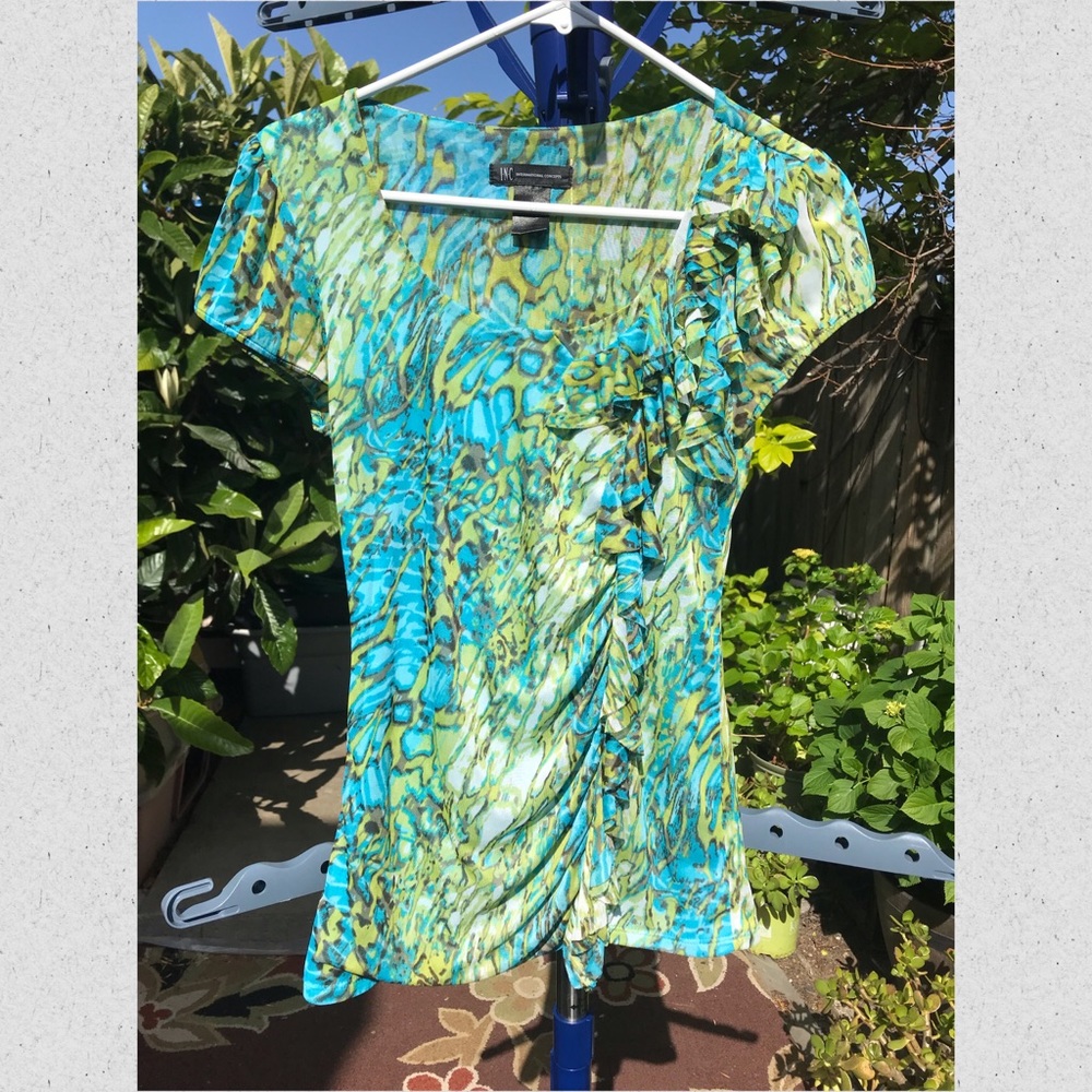 Animal Print Turquoise Green Mesh Blouse with Front Side Ruffle & Cap Sleeve